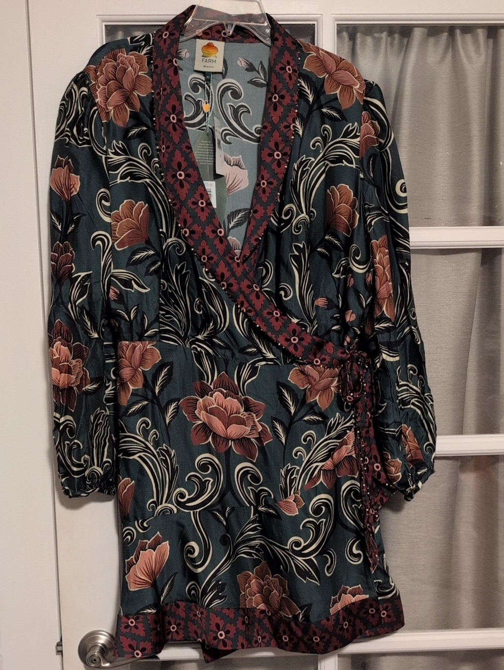 Farm Rio Floral Arabesque Wrap Dress in Deep Green and Rose - Picture 4 of 9